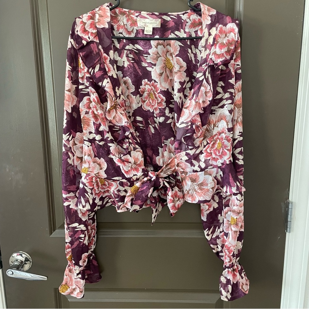 Band of Gypsies Floral Tie-Front Blouse Floral Purple Plum Pink Size L